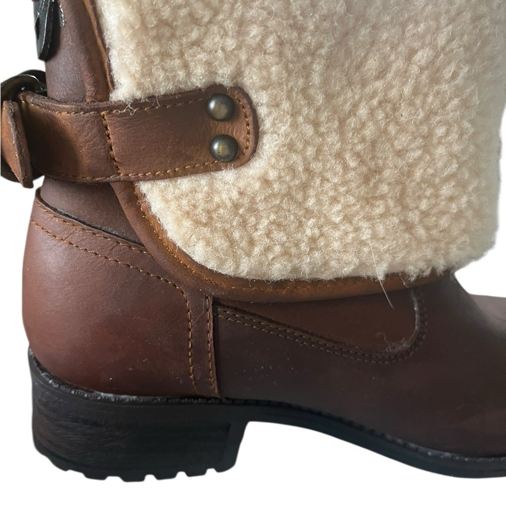 UGG Tan Leather Shearling Cuff Winter Ankle Boots Size 7 - Picture 7 of 9